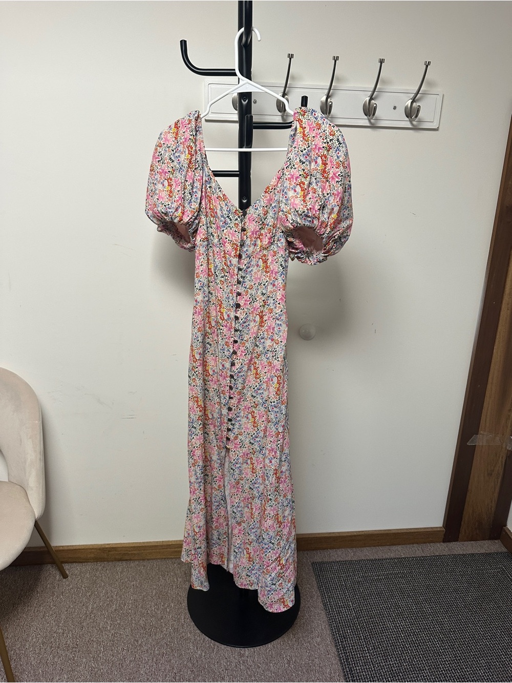 Ted Baker Pink Floral Midi Dress with Puff Sleeves